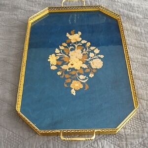 Vintage Italian Serving Tray With Intricate Marquetry Inlaid Wood.